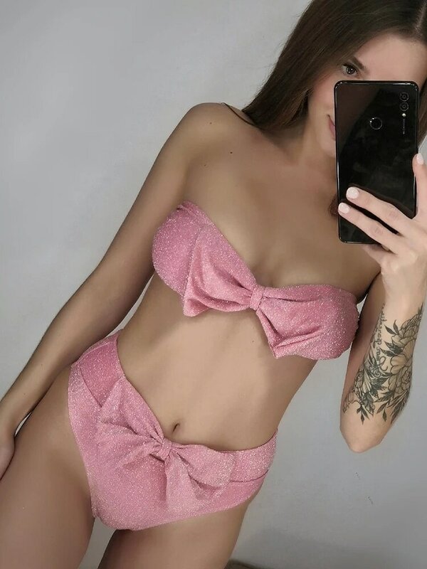 INGAGA – Bikini Bandeau Sexy sans bretelles, maillot de bain femmes, brillant, taille haute, avec nœud, ensemble deux pièces, nouvelle collection 2022