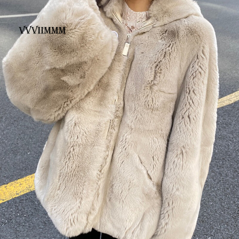 Abrigo de piel de conejo Rex para mujer, chaqueta de piel holgada con capucha y cuello levantado, abrigo de piel Mod mecánico sólido, invierno, 2021