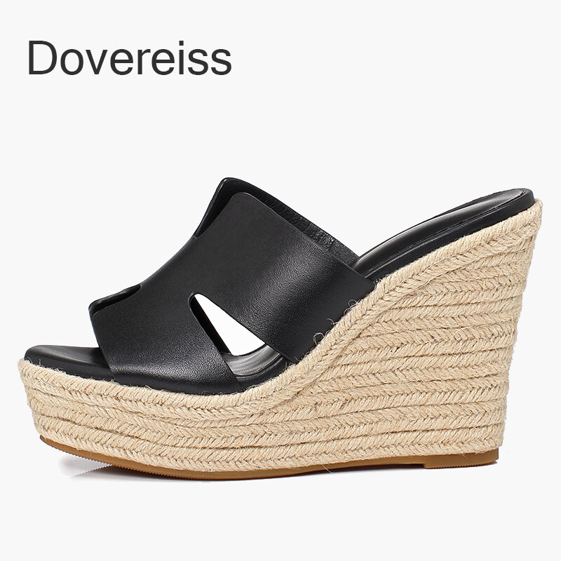 Dovereiss 2023 여름 섹시한 브라운 방수 진짜 가죽, 우아한 플랫폼 슬리퍼, 패션 여성 신발, 10.5cm 웨지, 34-39