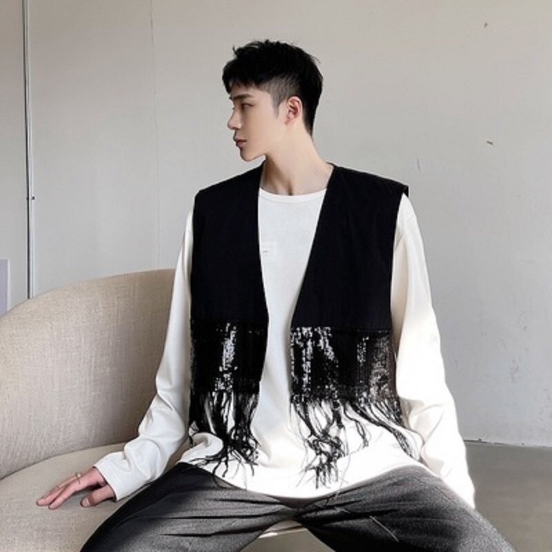 Jovem homem sem mangas casaco dos homens do vintage aberto ponto colete jaqueta lantejoulas borla casual outwear preto estilo coreano roupas masculinas