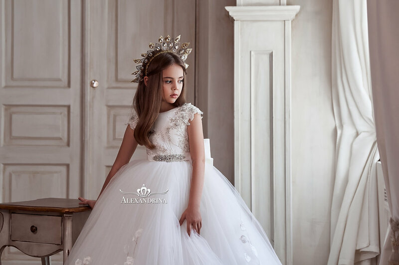 FATAPAESE kwiatowe sukienki dla dziewczynek włochata spódnica ozdobiona w pionowe paski delikatna koronka z kwiatowym wzorem weselnym
