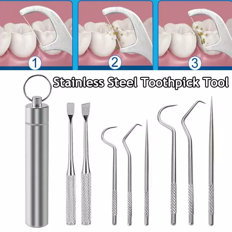1 ensemble de cure-dents en métal et acier inoxydable, nettoyage Oral, fil dentaire Portable, nettoyeur de dents avec Tube de rangement