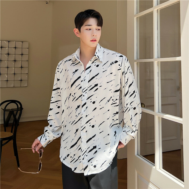 Streetwear juventude homem camisa chiffon impressão do vintage manga longa camisa oversize blusa solta casual topo coreano dos homens designer cothes