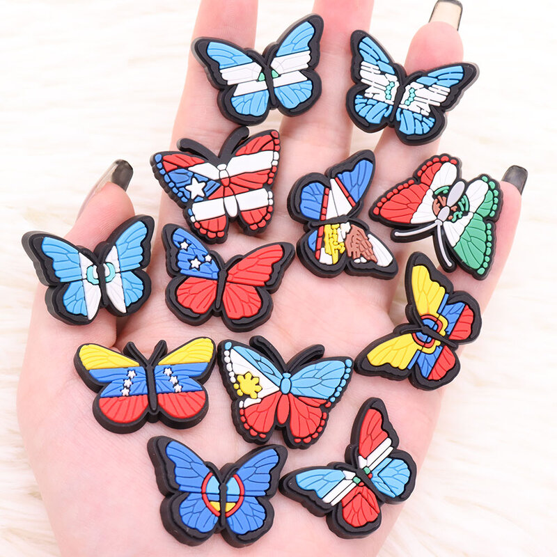 1PCS Multicolor Butterfly Icon Silicon Shoes Charms National Flag Croc Accessories Buckles Women Girls Gifts Wristband Decor DIY