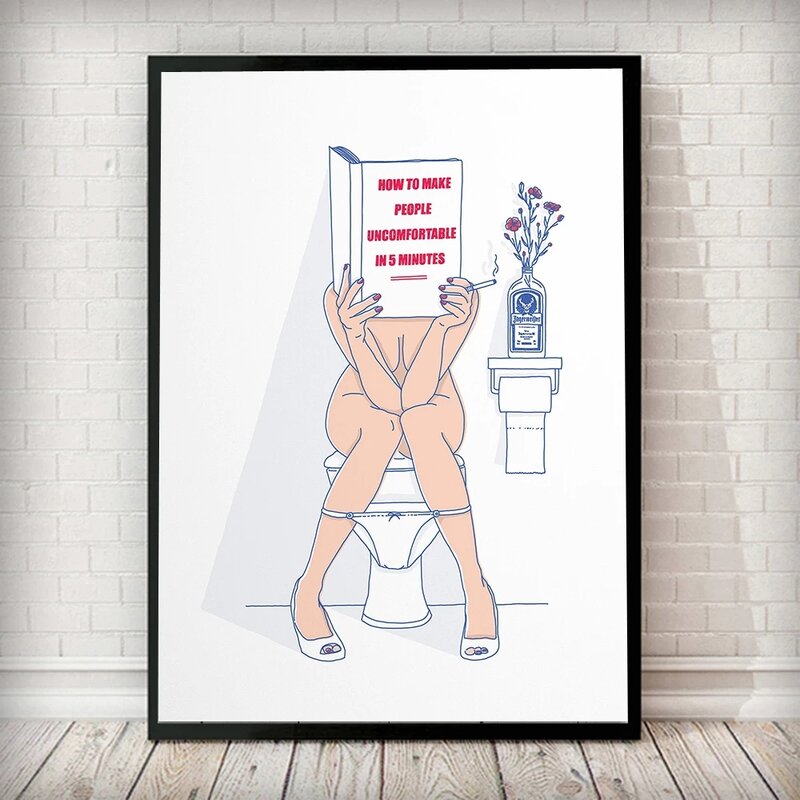 Modern Toilet Sexy Woman Canvas Prints Rock Music Fun Bathroom Picture Poster Fashion Roll Paper Painting Home Decor