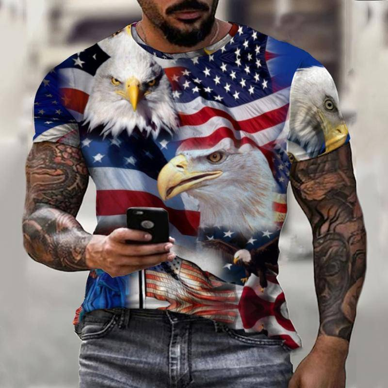 Multicolor ธงอเมริกัน Retro ฤดูร้อนใหม่ Gold Eagle ผู้ชาย Men (โปรดเทียบไซด์เสื้อตามตาราง) เสื้อฟิตเนสเสื้อลำลอ...
