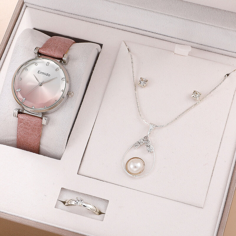 Damen Armbanduhr Set 4 stücke Leder Quarzuhr mit Perle Kristall Strass Halskette Ring Ohrringe Geschenke für Frauen (Keine box)