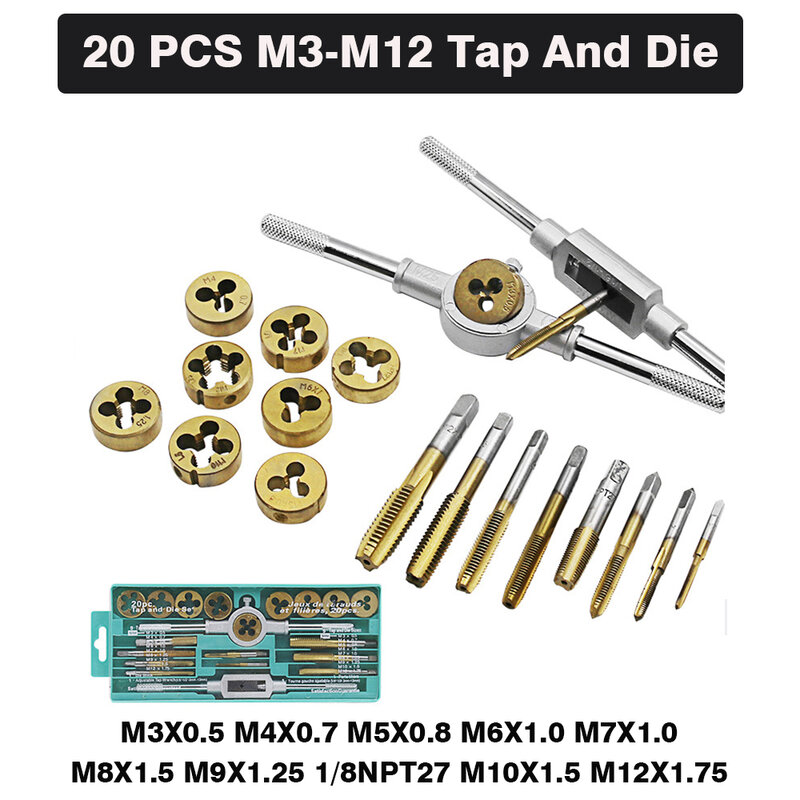 20PCS ด้ายโลหะ M3-M12 Tap Dies ชุดเจาะ Bits โลหะผสมเหล็ก Femetal สกรูไทเทเนียมชุบ Key สำหรับ Mechanical Workshop เครื่องมือ