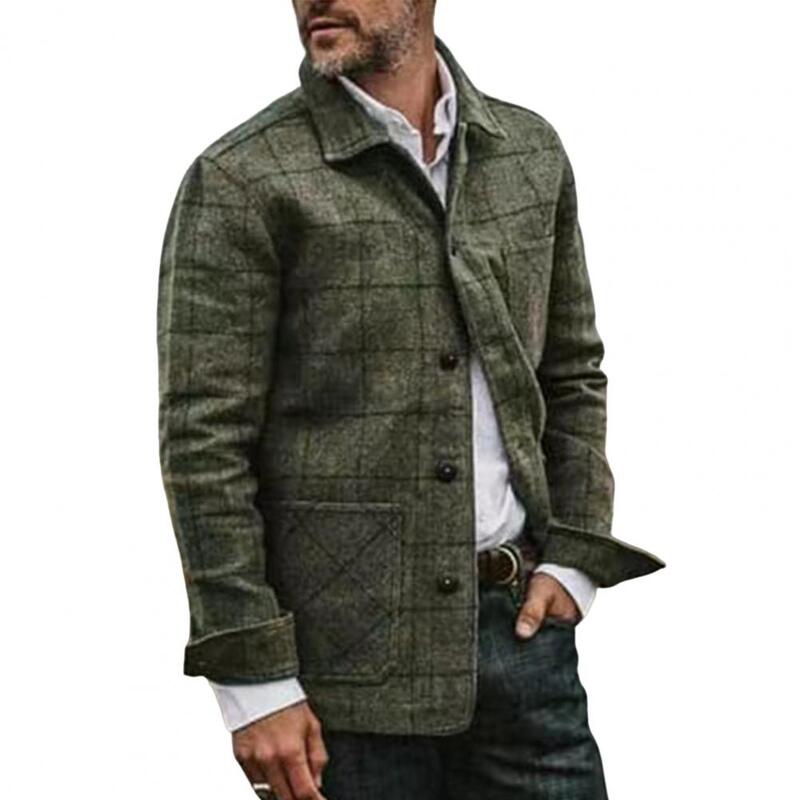 Men Outerwear  Turndown Collar   Men Woolen Jacket Checkered Buttons Jacket