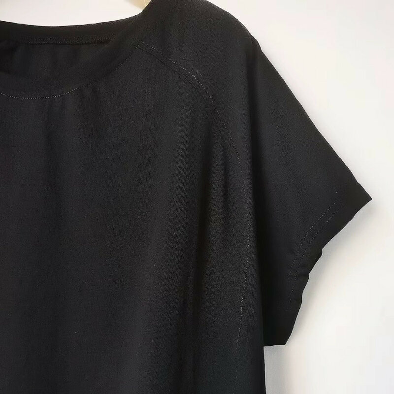 Kaus Lengan Pendek Katun Warna Solid Klasik Sastra Atasan Crewneck Pullover Longgar Tipis Baru Musim Panas Wanita