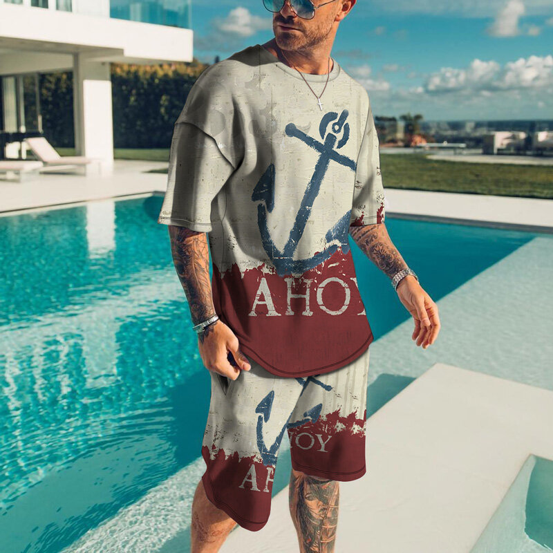 Men's Outfit Summer Activewear Fashion Men's Casual Short Sleeve 3D Printed T-Shirt + Shorts Streetwear Oversized Clothes