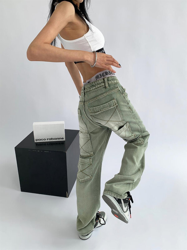 Houzhou grunge vintage verde jeans feminino oversize y2k hip hop streetwear bolsos perna larga calças de carga denim feminino