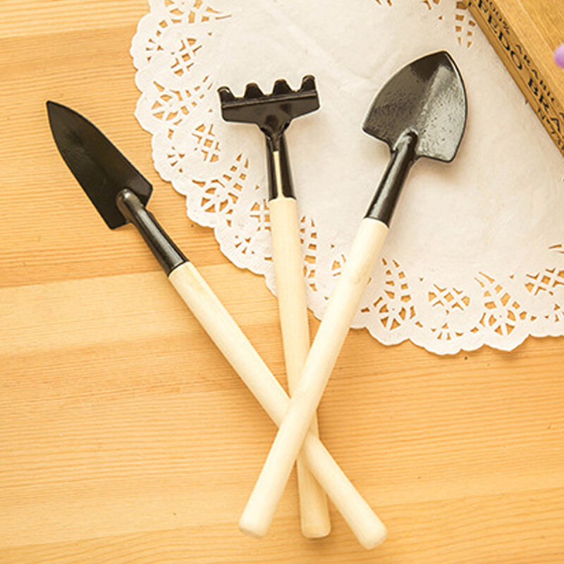 Mini herramienta de jardinería portátil de 3 piezas, pala con cabeza de Metal, rastrillo, planta, jardín, flores, juego de herramientas con mango de madera