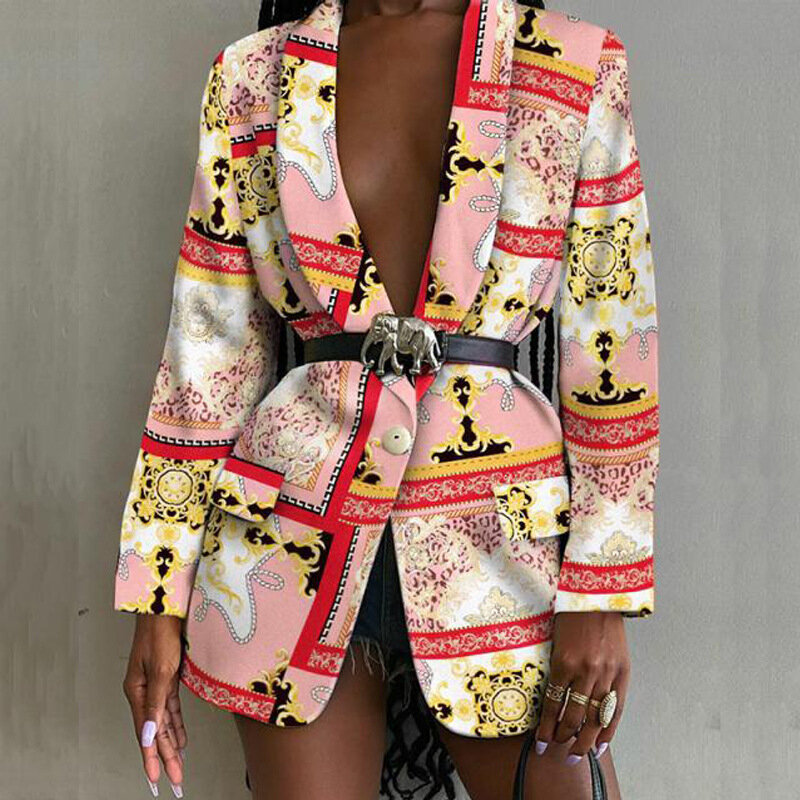 Mulheres vintage irregular impressão blazer jaqueta high street moda elegante senhora casaco roupas