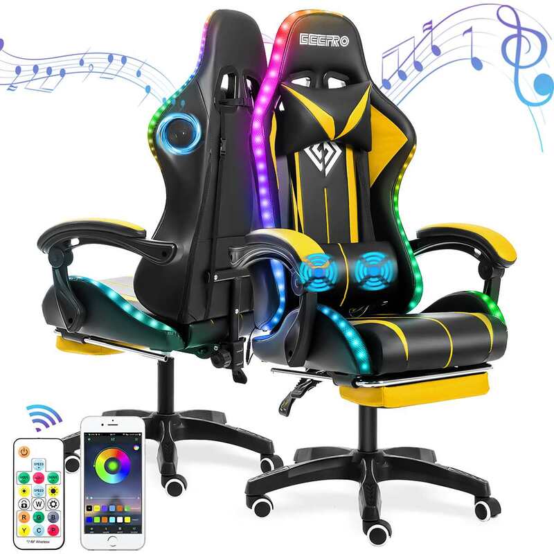135 게임 의자 RGB 빛 사무실 의자 게이머 컴퓨터 의자 인체 공학적 회전 2 포인트 마사지 안락 블루투스 스피커