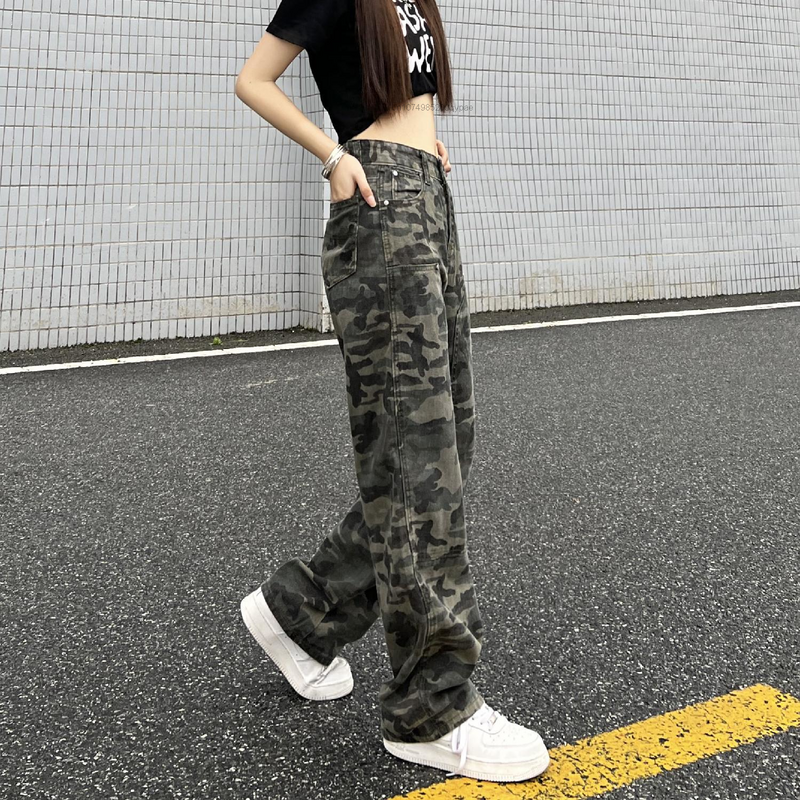 New Ins High Street Spicy Girls Camouflage Cargo Pants Women Green Loose Jeans Vintage Straight Casual Denim Trousers Sweatpants