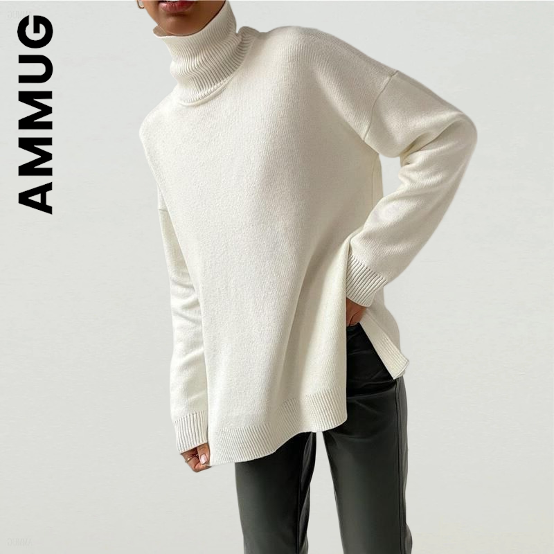 Ammug-suéter de cuello alto de punto para mujer, suéteres populares, suéteres de ocio para chica, Tops sencillos y delgados para mujer