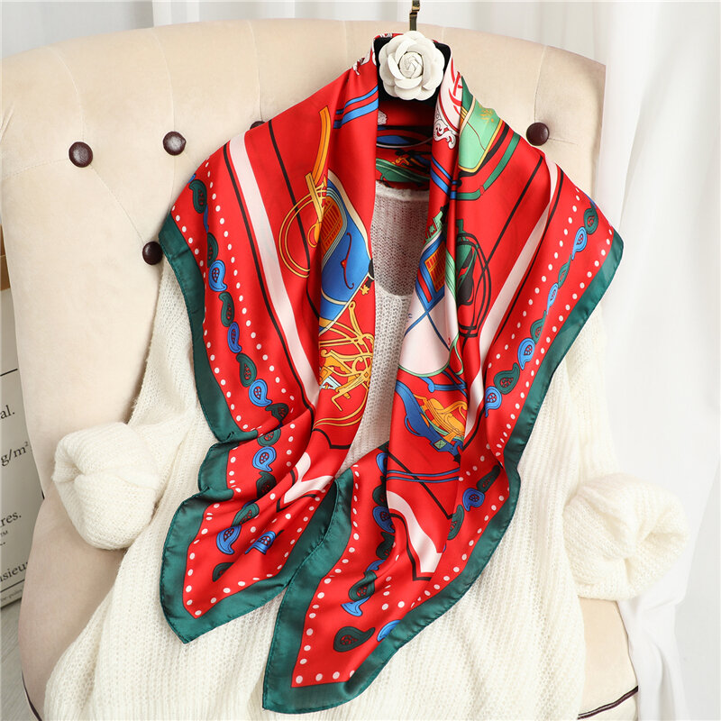 Bufanda cuadrada de lujo para mujer, pañuelo de seda de 90cm, Hijab, chal estampado, nuevo diseño, 2021