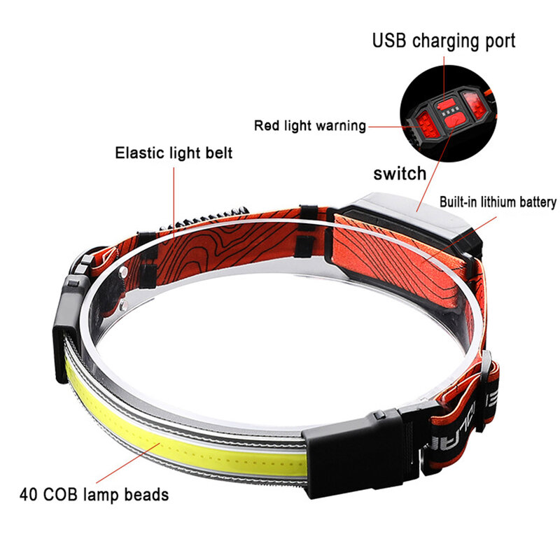 COB светодиодный налобный фонарь для езды, 1200 мАч, USB, перезаряжаемый, рабочий светильник, 3 режима, красный Предупреждение, стробоскосветильник, кемпинг
