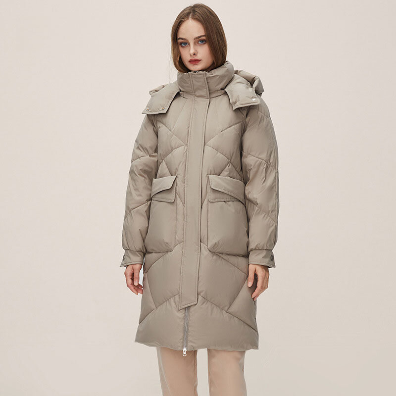 두꺼운 화이트 오리털 후드 코트 및 재킷 여성용, 따뜻하고 느슨한 프로필, 새로운 하이 엔드 코트, 내한 중간 길이 파카, 겨울