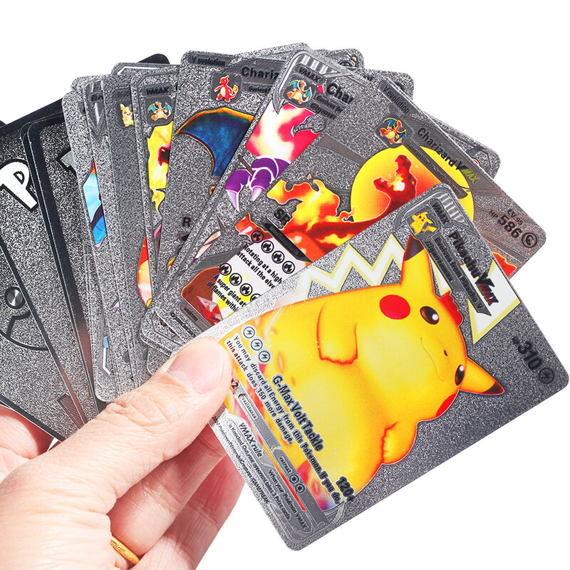 54 Máy Tính Tiếng Anh/Pháp/Español Cartas Pokemon Vàng Kim Loại Hộp Thẻ Vàng Chữ Chơi Bài Metalicas Charizard Vmax gx Đồ Chơi