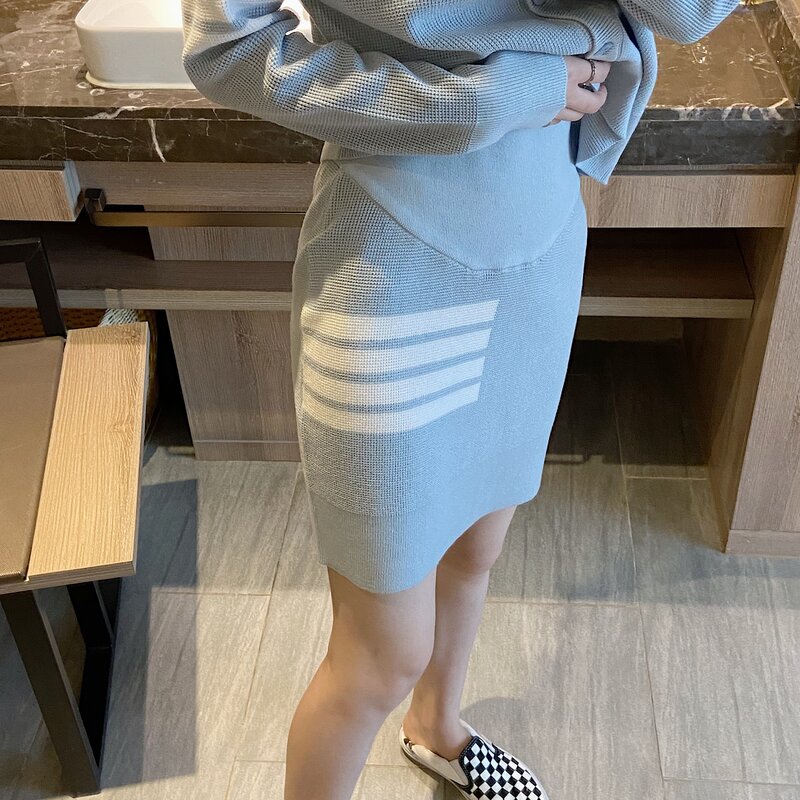 Tb Waffle Two-piece Suit Four Stripes Slim Striped Knit Cardigan Skirt Skirt Suit