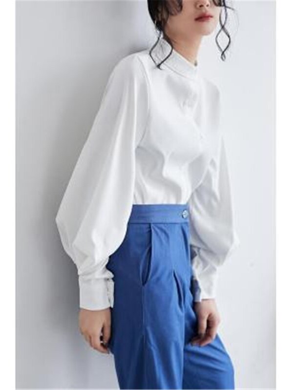 Camisas de camisa sólida con cuello vuelto para mujer, blusa de satén de manga larga con una hilera de botones, moda de otoño 2021