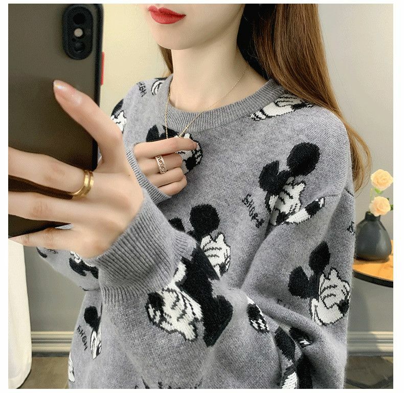 Disney – pull à manches longues Mickey Mouse pour femme, haut tricoté, col rond, décontracté, ample, américain, pour fille, hiver