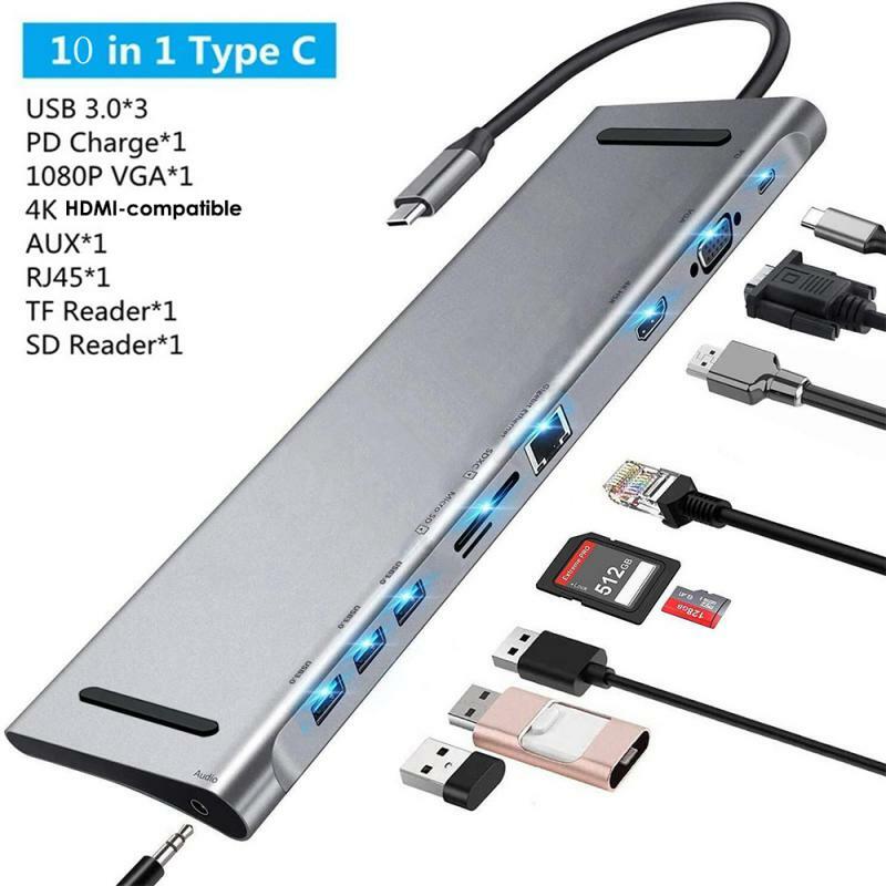 Adaptador de Divisor Multi-Port de Alumínio, USB Tipo C Hub, USB 3.0, Rj45, VGA, 60W, Pd, 4K, Laptop, Macbook