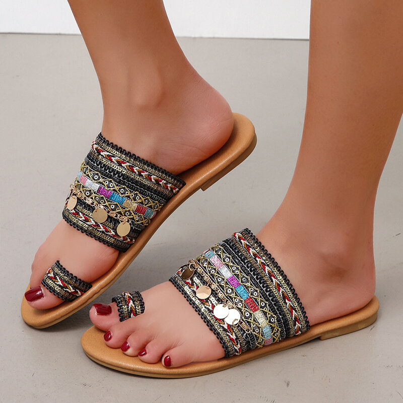 JMPRS Clip Toe Bohemia Flip Flops Women 2022 Summer Metal Decoration Flat Sandals Woman Plus Size 43 Soft Soled Outdoor Slippers