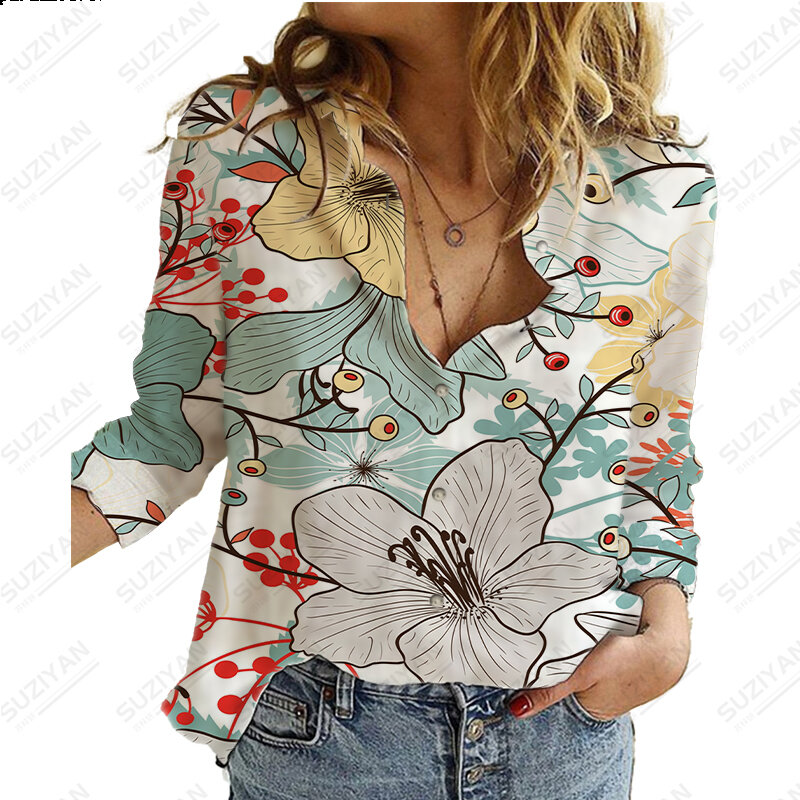Tropical plant print women's loose holiday shirt women's lapel Camisa fashion long sleeved shirt casual shirt