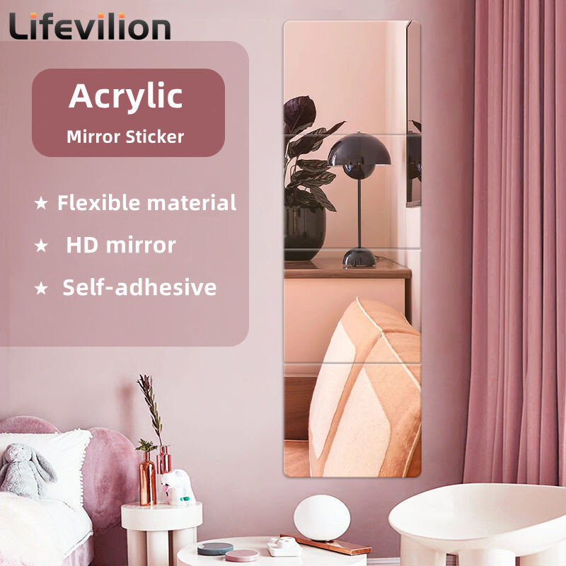 3D Acrylic Mirror Stickers Wall Decals Thicken Self Adhesive DIY Art Mirror Wall Stickers Decoration for Wardrobe Bathroom Home
