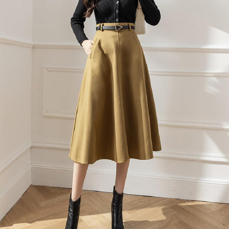 Wisher & tong elegante saias femininas vintage altura da cintura uma linha saia com faixas de moda coreana preto midi saia outono inverno