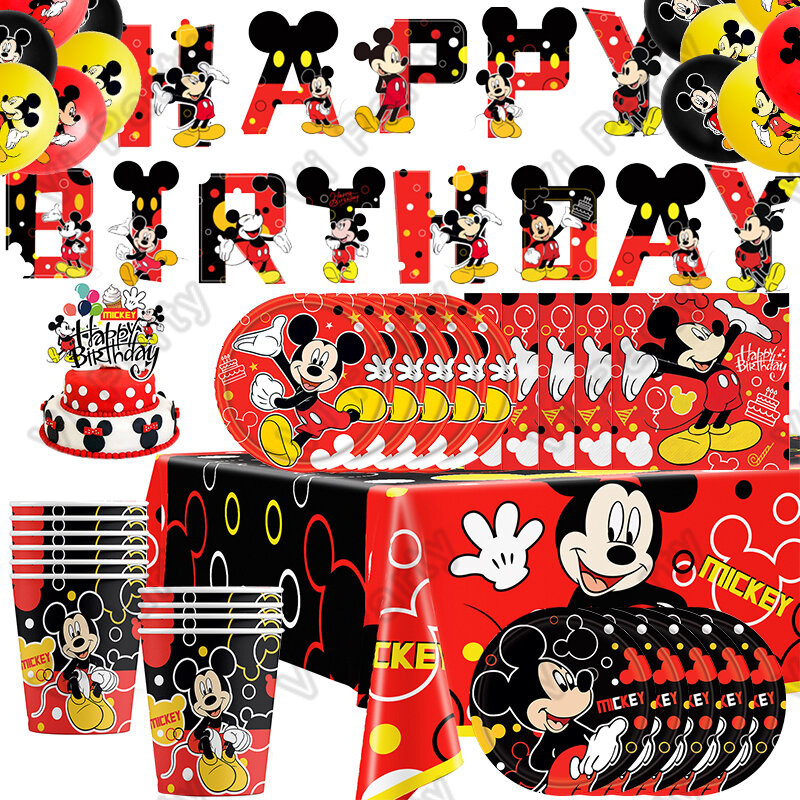Mickey Mouse Boy วันเกิด Decor แก้วกระดาษแผ่นหลอดผ้าปูโต๊ะเด็กบอลลูนของตกแต่งปาร์ตี้วันเกิด Baby Shower Decor