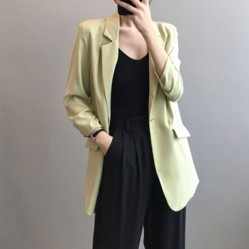 Spring Summer Thin Mid-length Chiffon Blazer Coat For Women Loose Fashion Streetwear Outerwear Elegant Casual White Suit Jackets