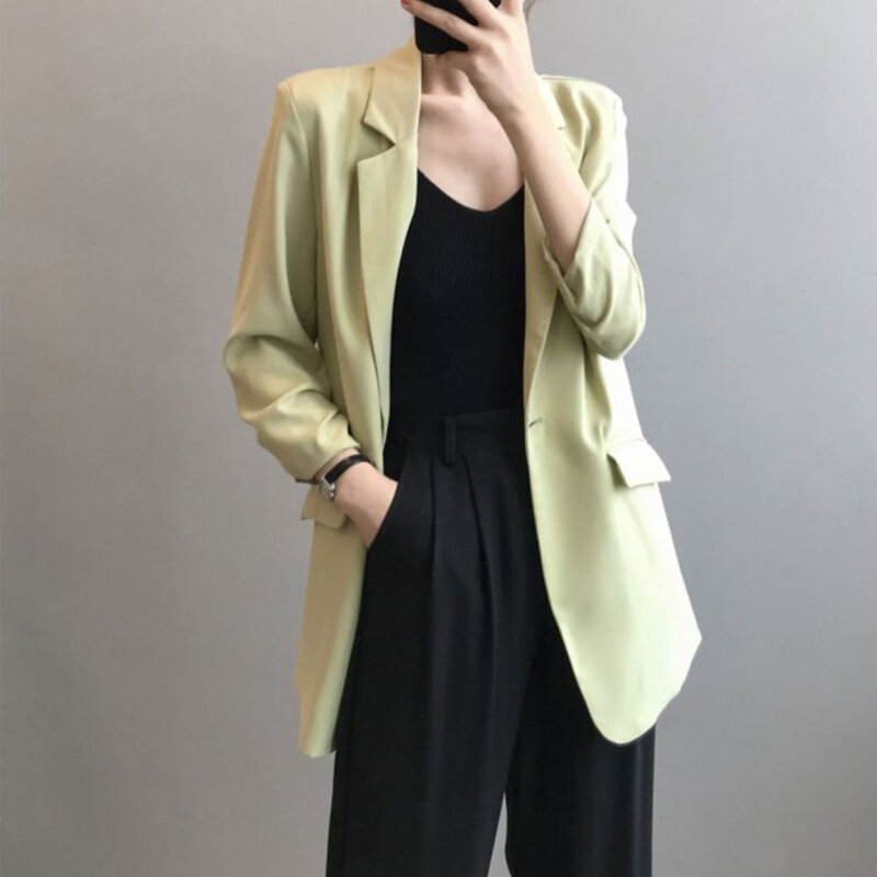 Mantel Blazer Sifon Panjang Menengah Tipis Musim Semi Musim Panas untuk Wanita Pakaian Luar Streetwear Mode Longgar Jaket Jas Putih Kasual Elegan