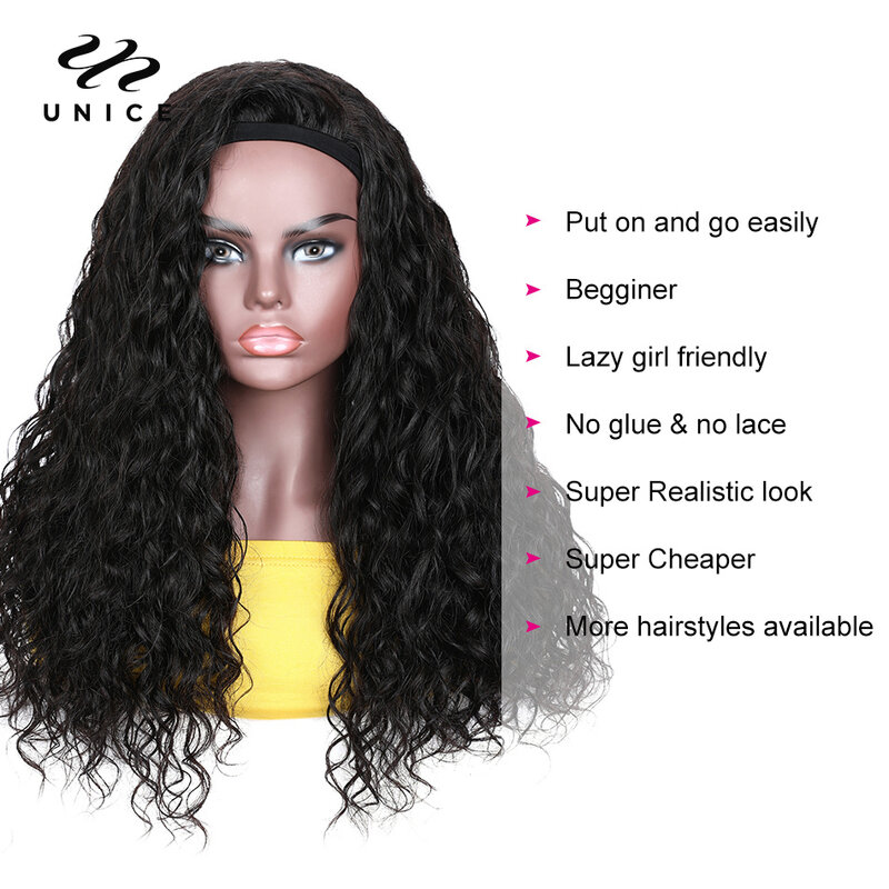 Perruque cheveux naturels ondulés – Unice Hair, perruque avec bandeau pré-attaché, couleur naturelle, 10-18 pouces, densité 150%