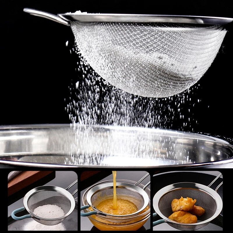 Colador de aceite de malla fina de acero inoxidable, tamiz de harina de cocina, coladores de harina, filtro de malla de café, herramientas para hornear, 8-14cm
