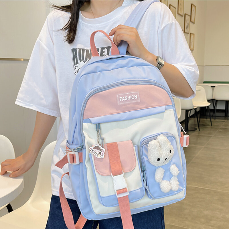 EST New Kawaii Girls School Backpack Female Shoulders Cute Rabbit Women Schoolbag Travel Multi-pocket  Patchwork Mochila Bolsa