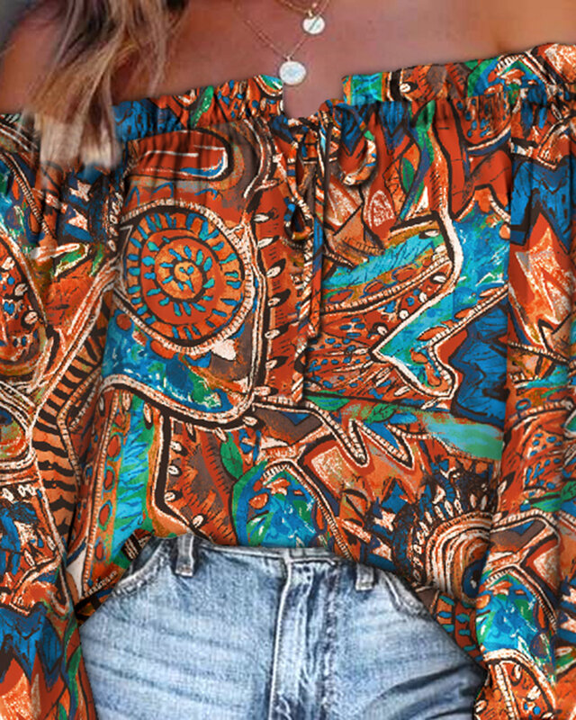 Moda damska Elegnat z długim rękawem Sexy wakacje nosić wiązane szczegóły bluzki z nadrukiem w stylu Tribal Off ramię Top z rękawem typu lampion