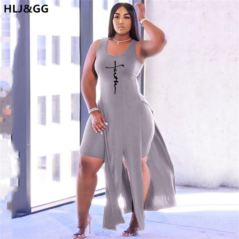 HLJ&GG Long Vest Two Pice Sets Women Sleeveless Irregular Top Side Slit  And Shorts Tracksuits Summer Print Casual 2pcs Ouotfits