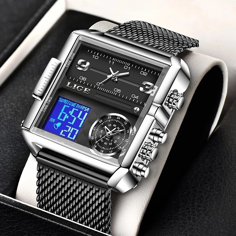 LIGE 2022 Top ยี่ห้อ Luxury Mens นาฬิกานาฬิกาดิจิตอลกีฬานาฬิกาข้อมือควอตซ์กันน้ำนาฬิกาจับเวลา Relogio Masculino