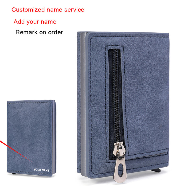 Carteira multifunction do anti-roubo do rfid do suporte de cartão do couro magro da carteira do nome personalizado com compartimento da nota para a bolsa do cartão do homem
