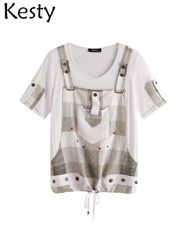 KESTY-여성용 플러스 사이즈 티셔츠, 여름 코튼 반팔 티셔츠, 슬림핏 캐주얼 패션 탑