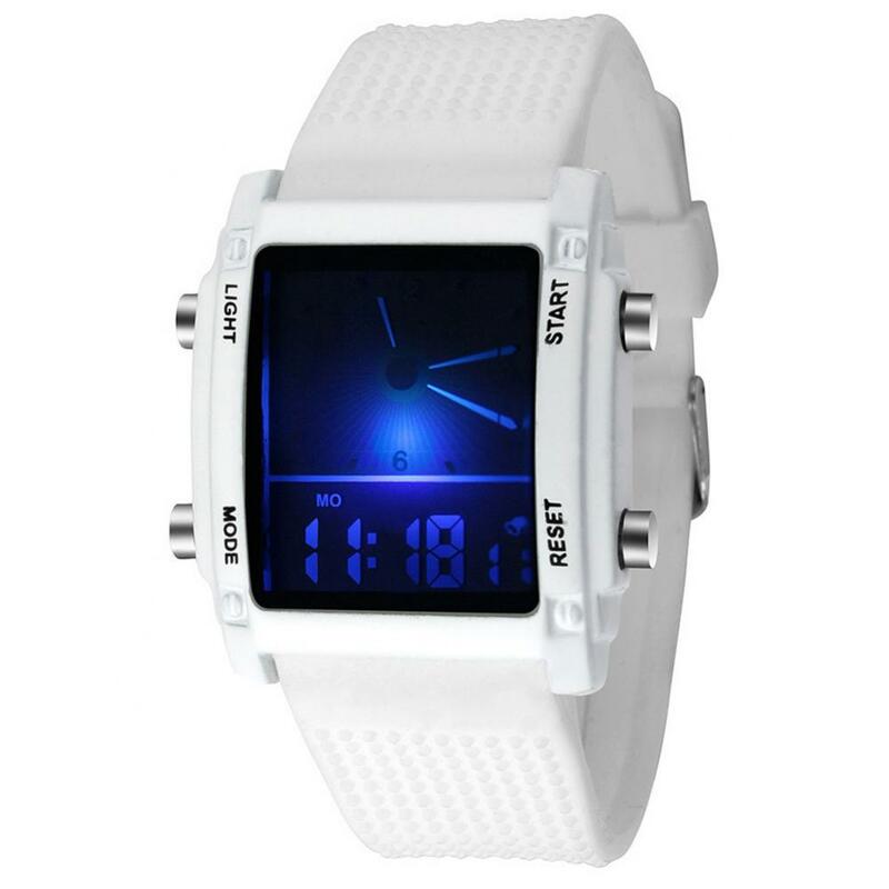 Men Square Dial Dual Time Day Display Alarm Colorful LED Sports Wrist Watch