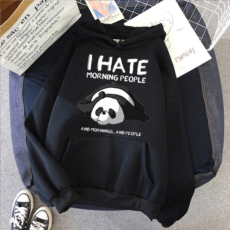 Panda eu odeio manhã pessoas hoodie com capuz moda impressão feminina casual pulôver hoodies inverno outono moletom adolescente