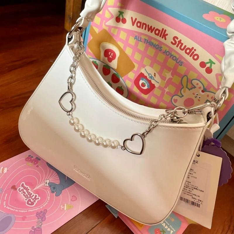 Xiuya Harajuku Leuke Schoudertas Vrouwen Japanse Kawaii Geheime Tuin Baguette Bag Zoete Parel Geplooide Handvat Womens Handtas 2022