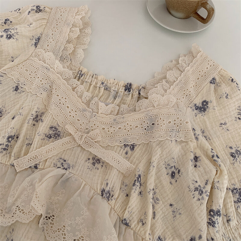 Autumn and Winter New Retro Korean Cotton Pajamas Sweet Lace V-Neck Ruffled Nightdress Princess Style Flower Print Homewear D481
