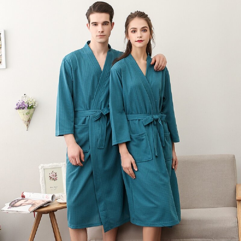 Men Summer Bathrobe Waffle Solid Dressing Sleepwear Bath Robe Soft Cozy Nightrobe Sleepwear Women Homewear Hotel Spa Nightgown