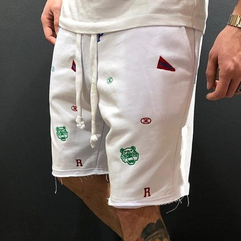 Men Street Hip Hop Solid Drawstring Shorts Embroidery Tiger Letter Harajuku Straight Casual  Cargo Beach  Pants